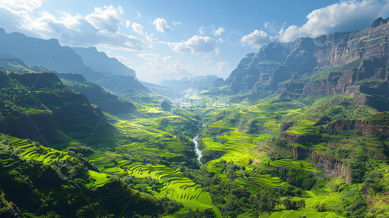 高清大图下载【趣麦麦图】阳光照耀下的绿色山谷