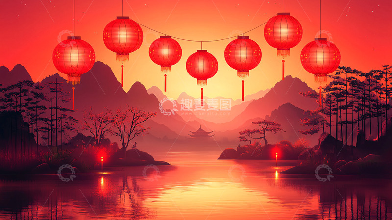 高清大图下载【趣麦麦图】红灯笼山水风景图