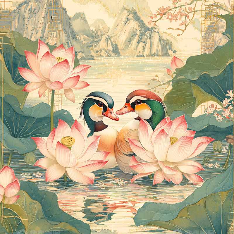 高清大图下载【趣麦麦图】鸳鸯戏水荷花图