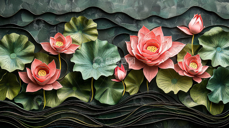 高清大图下载【趣麦麦图】水墨荷花浮雕背景