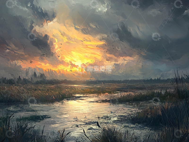 高清大图下载【趣麦麦图】阴沉天空下的沼泽地