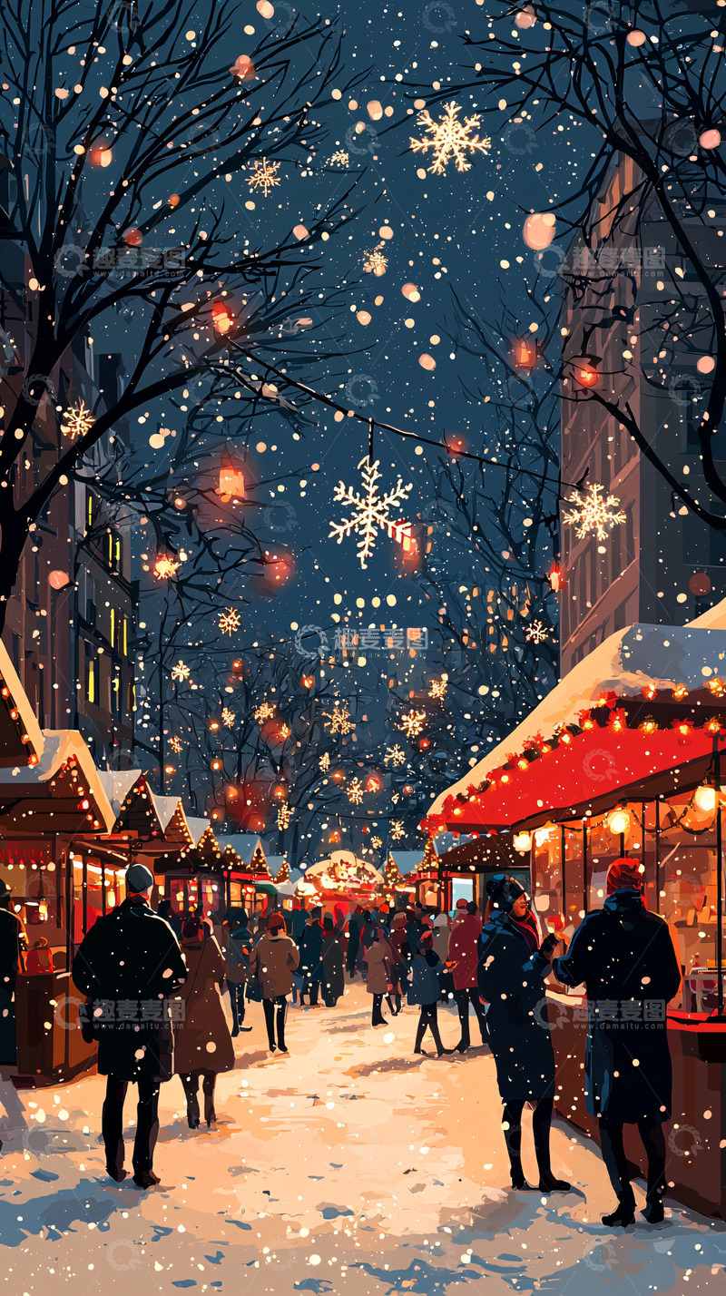 高清大图下载【趣麦麦图】冬夜圣诞集市雪景