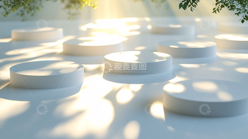 高清大图下载【趣麦麦图】阳光透过树叶照射白色圆形展台