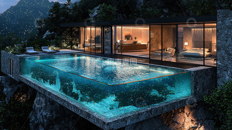 高清大图下载【趣麦麦图】山崖边透明无边泳池