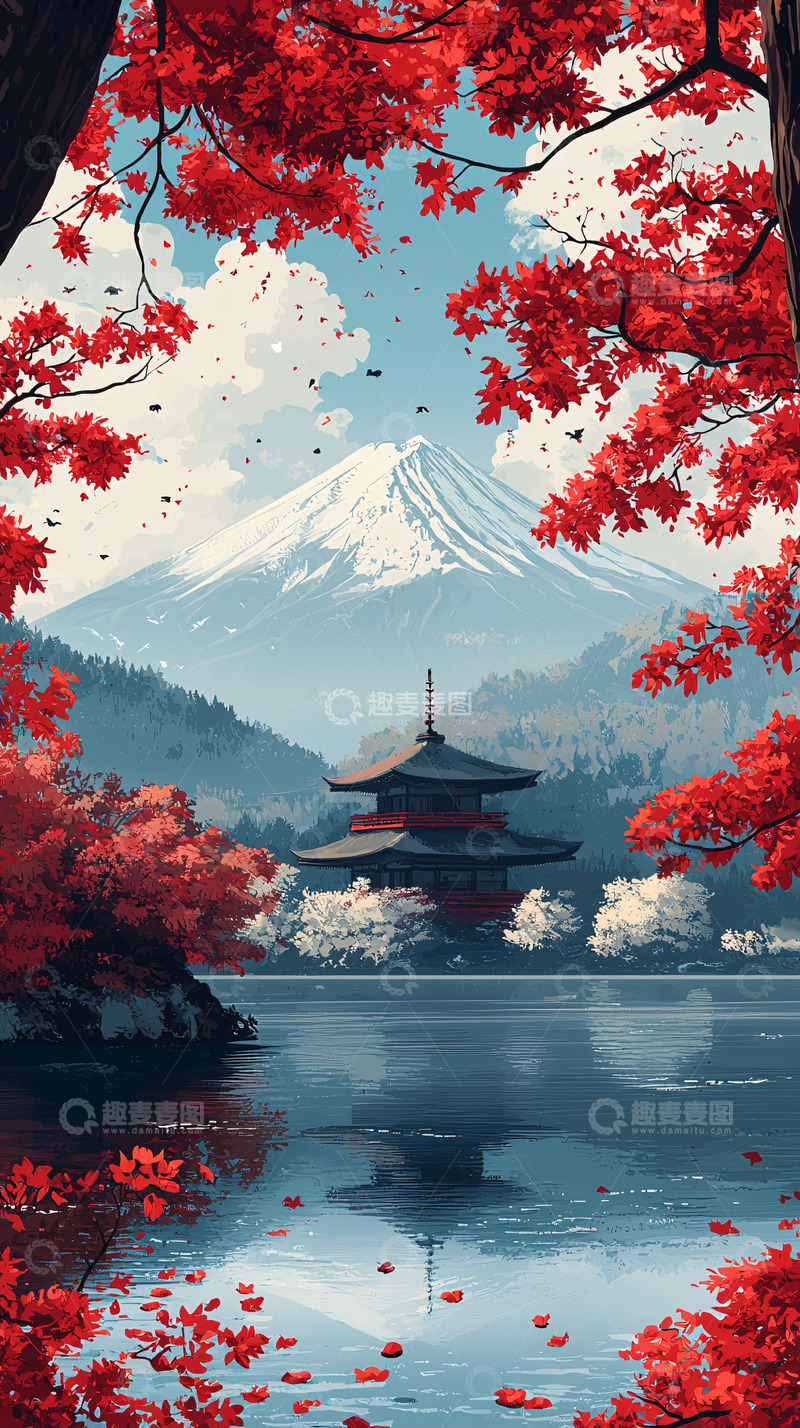 高清大图下载【趣麦麦图】富士山红叶寺庙湖泊