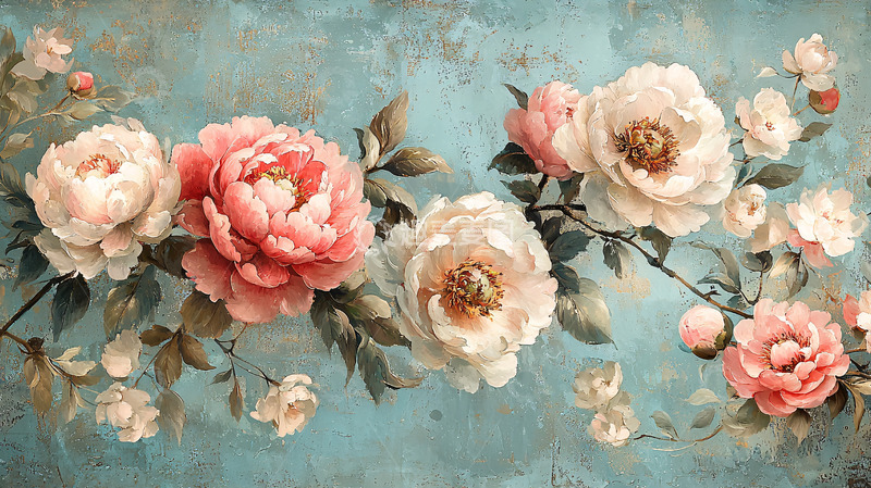 高清大图下载【趣麦麦图】复古淡雅粉色牡丹花卉壁纸