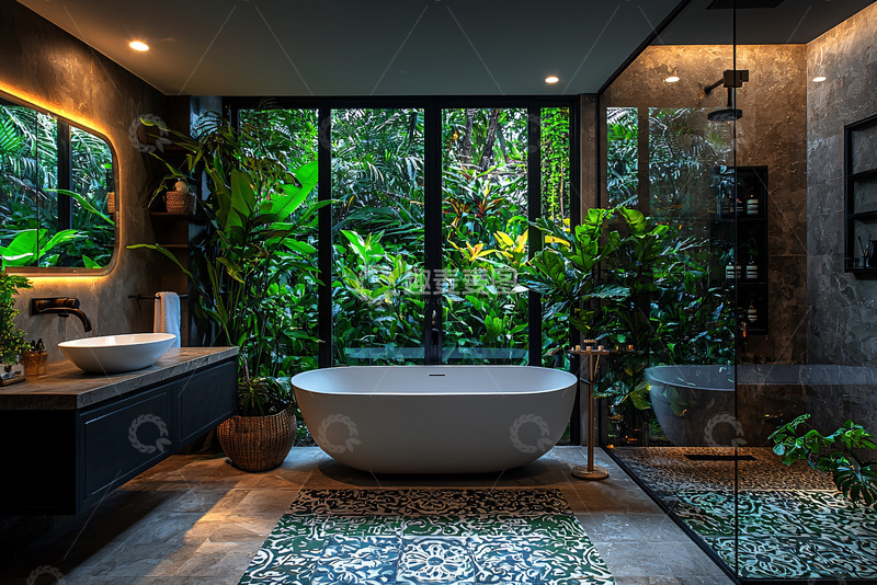 高清大图下载【趣麦麦图】绿植环绕的现代化浴室