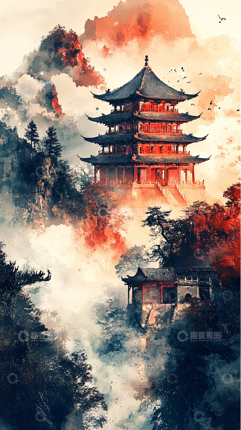 高清大图下载【趣麦麦图】水墨风格的山顶寺庙