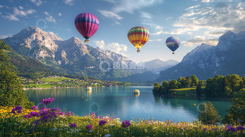 高清大图下载【趣麦麦图】热气球飞跃阿尔卑斯山湖泊