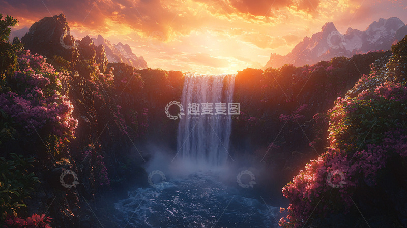 高清大图下载【趣麦麦图】日落下的瀑布