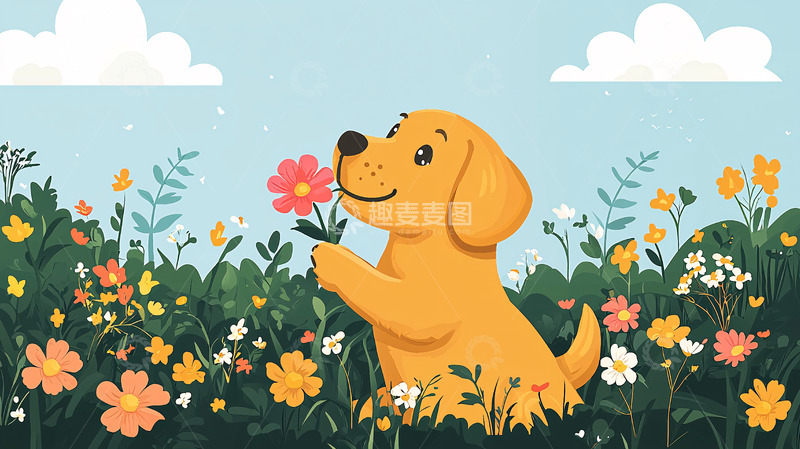 高清大图下载【趣麦麦图】可爱的小狗闻花香