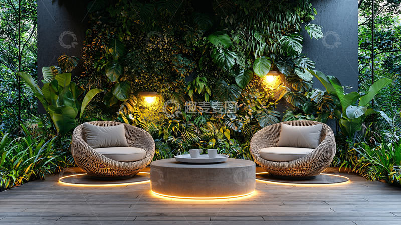 高清大图下载【趣麦麦图】绿植背景的休闲座椅