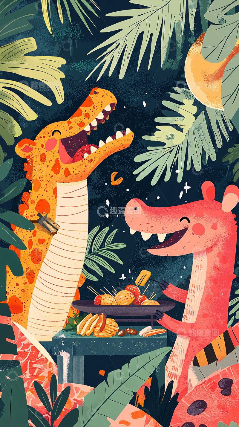 高清大图下载【趣麦麦图】卡通恐龙烧烤派对