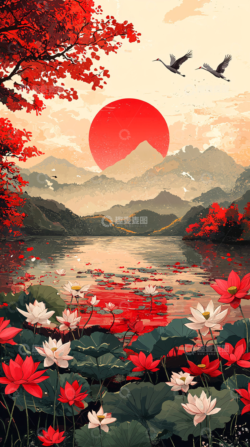 高清大图下载【趣麦麦图】红日映照下的水墨山河