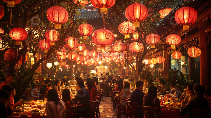 高清大图下载【趣麦麦图】红灯笼下的热闹夜市