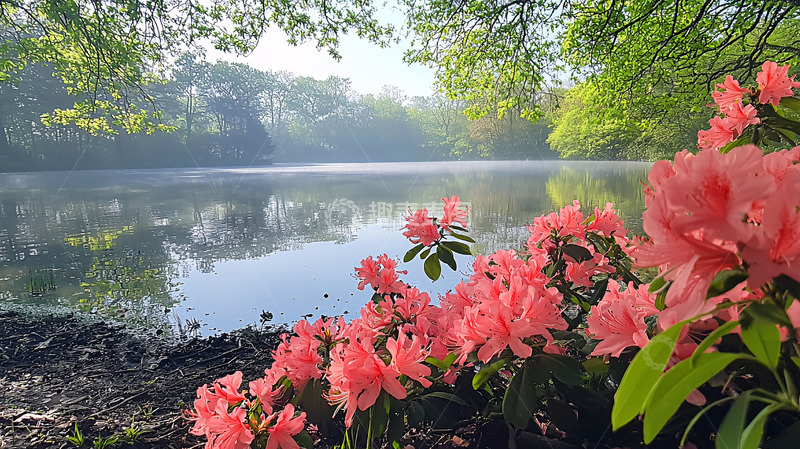 高清大图下载【趣麦麦图】清晨湖边盛开的杜鹃花