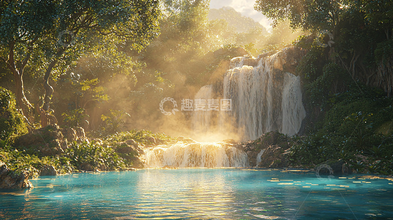 高清大图下载【趣麦麦图】阳光森林瀑布