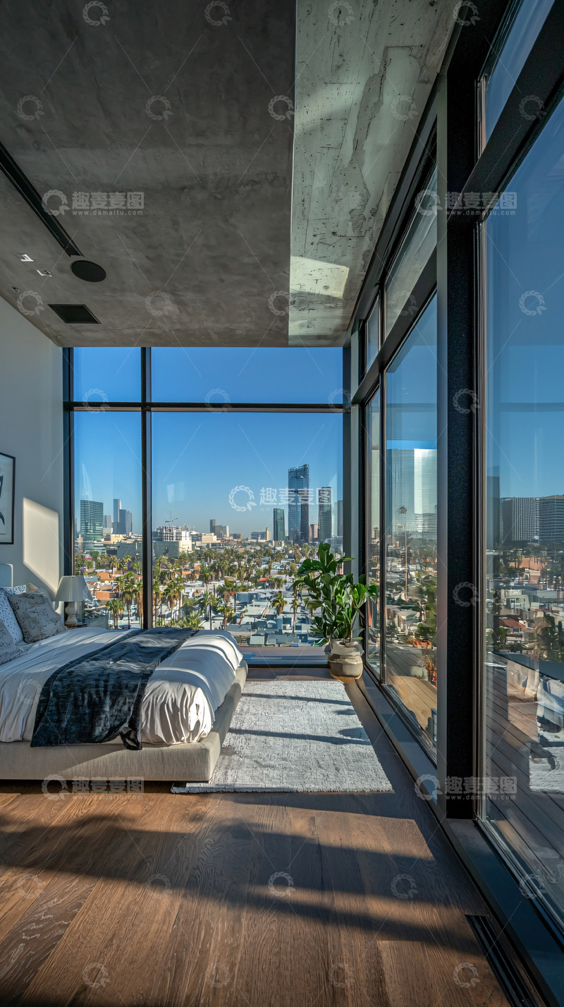 高清大图下载【趣麦麦图】现代公寓卧室落地窗景观