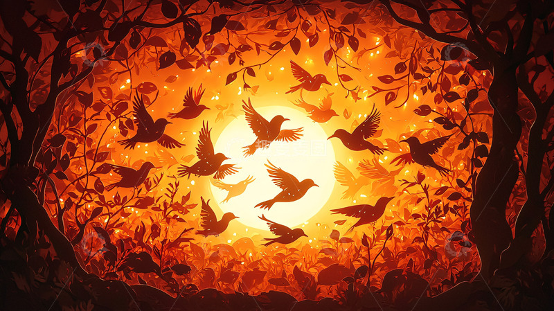高清大图下载【趣麦麦图】夕阳剪影群鸟飞舞