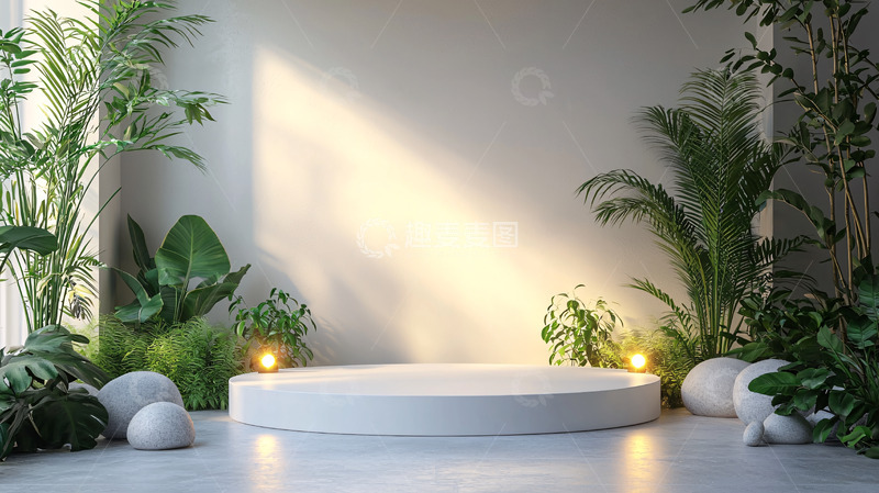 高清大图下载【趣麦麦图】绿植环绕的白色圆形展台