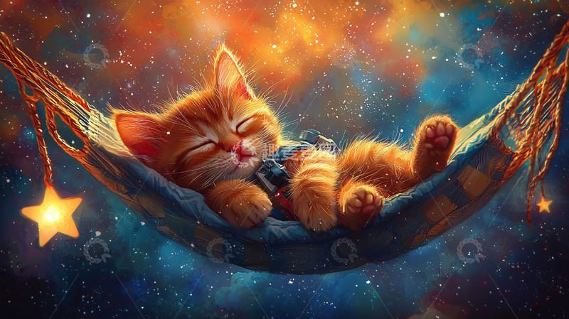 高清大图下载【趣麦麦图】星空吊床小猫