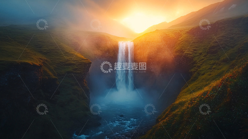 高清大图下载【趣麦麦图】日出瀑布壮丽景色