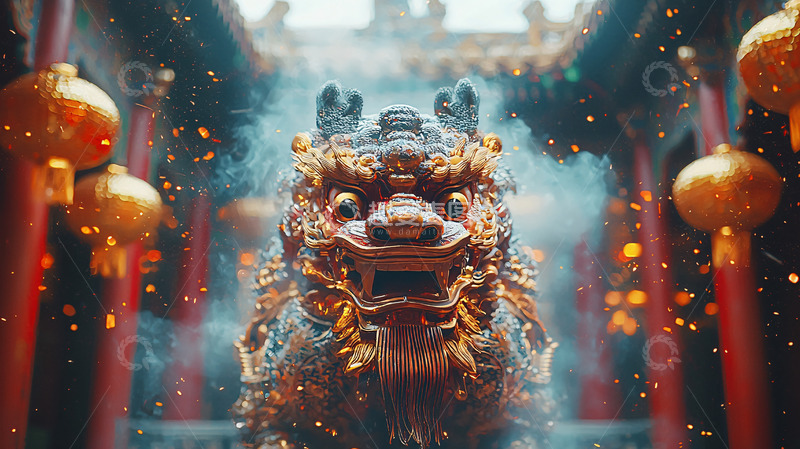 高清大图下载【趣麦麦图】金色中国石狮子特写