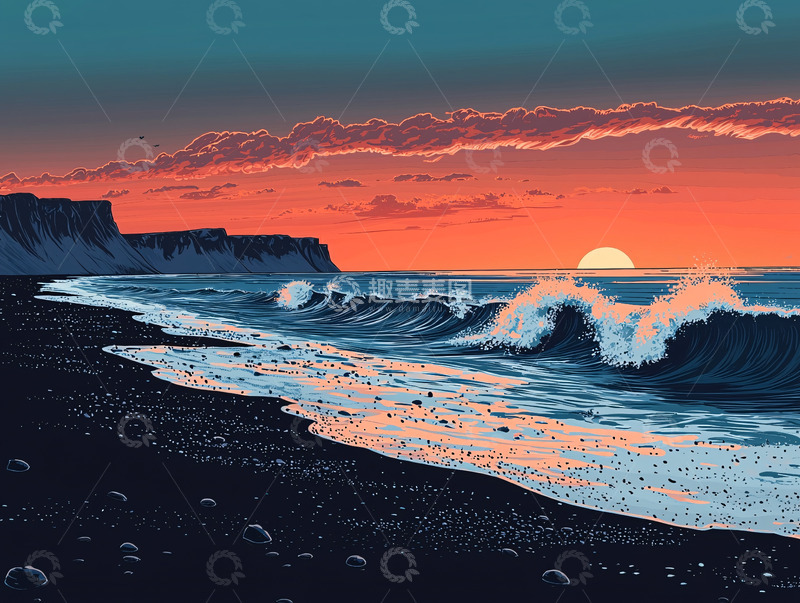 高清大图下载【趣麦麦图】海边日落剪影