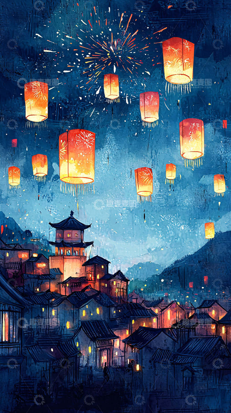 高清大图下载【趣麦麦图】夜空中飞舞的孔明灯和古镇