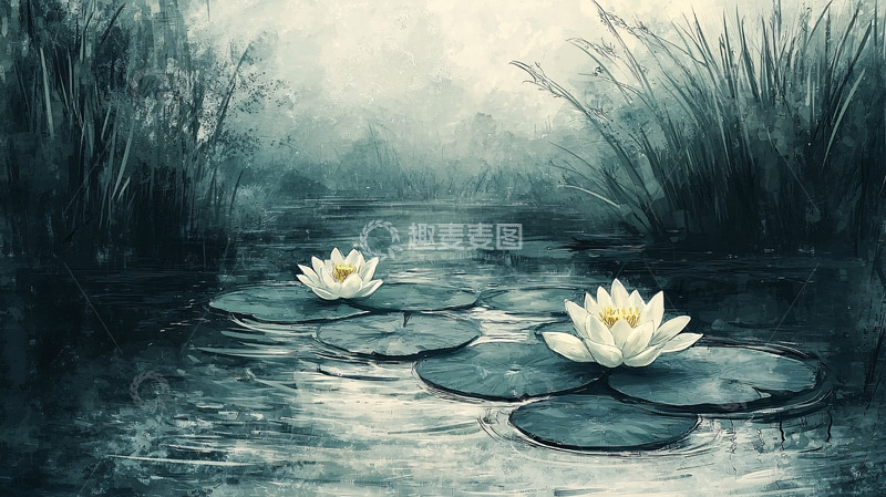 高清大图下载【趣麦麦图】水墨画风格睡莲