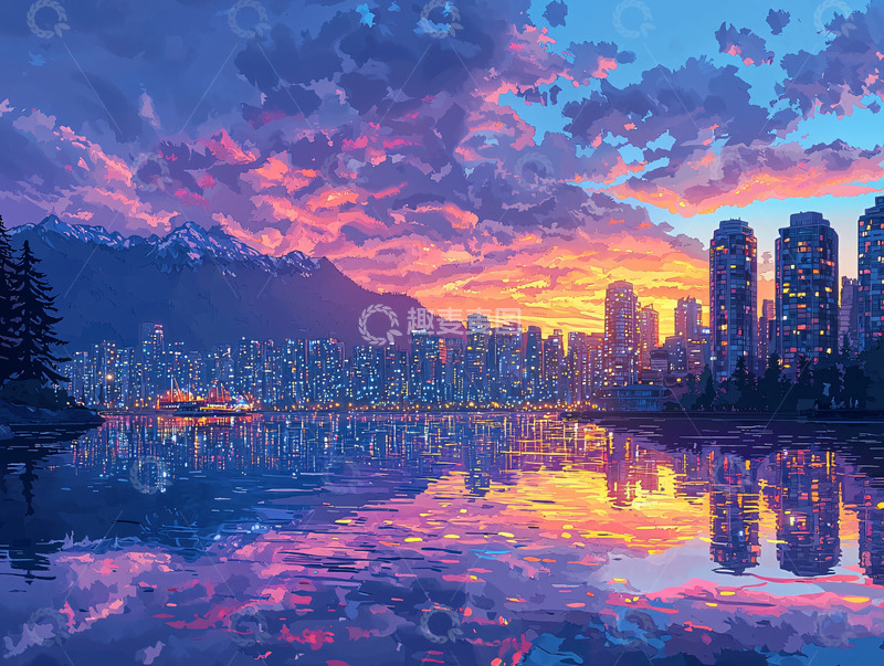 高清大图下载【趣麦麦图】日落城市倒影