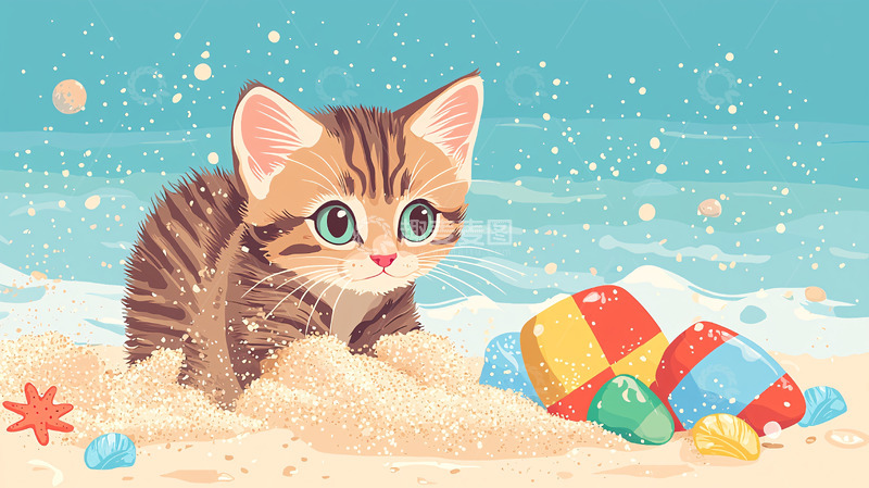 高清大图下载【趣麦麦图】海边玩沙的小猫咪
