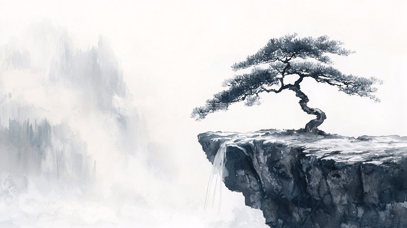 高清大图下载【趣麦麦图】悬崖上的孤树意境水墨风