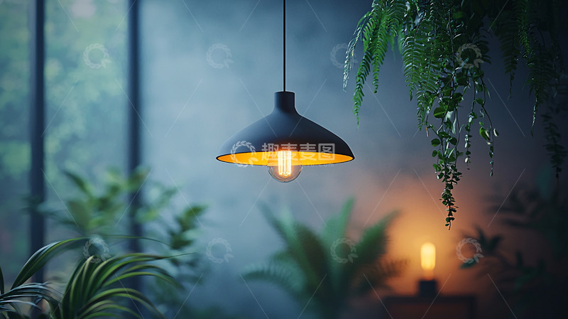 高清大图下载【趣麦麦图】悬挂灯泡暖光照亮绿植