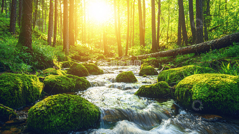 高清大图下载【趣麦麦图】森林溪流阳光