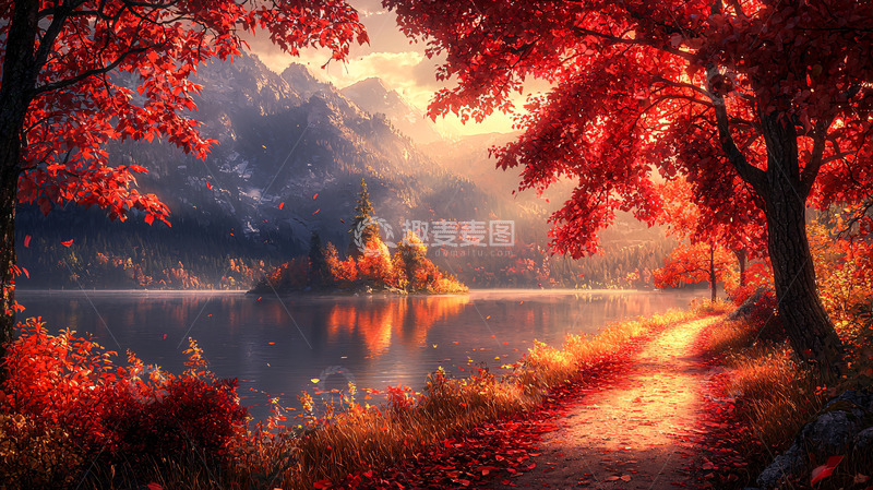 高清大图下载【趣麦麦图】秋日红叶湖光山色