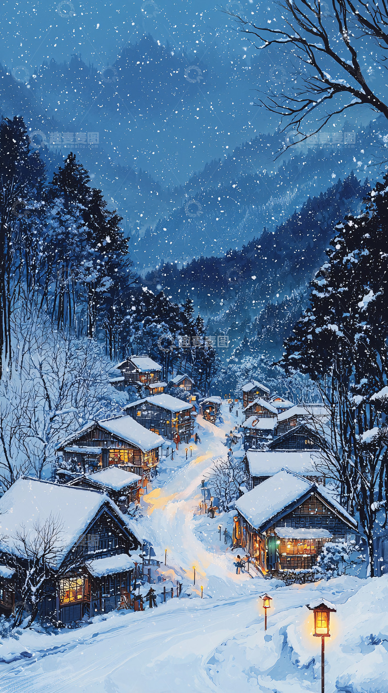 高清大图下载【趣麦麦图】雪夜山村
