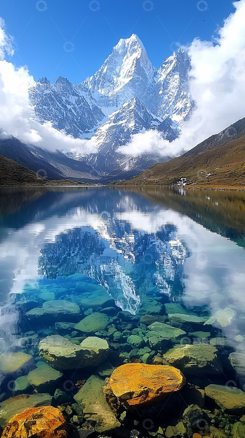 高清大图下载【趣麦麦图】雪山湖泊倒影