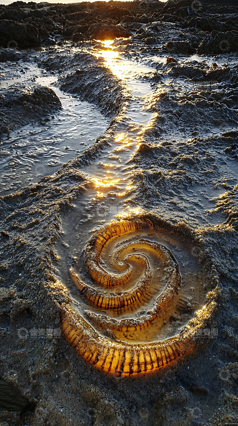 高清大图下载【趣麦麦图】螺旋化石海岸线日落