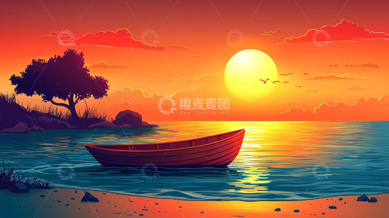 高清大图下载【趣麦麦图】落日余晖下的宁静小船