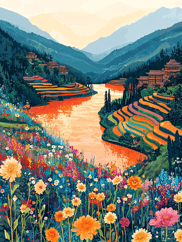 鲜艳山水田园风光