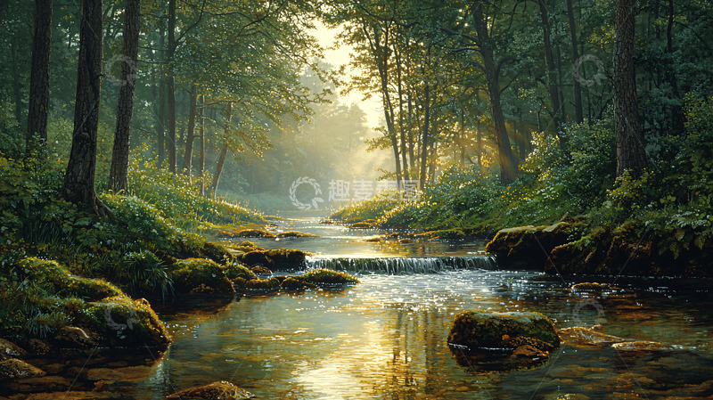 高清大图下载【趣麦麦图】绿树成荫的溪流