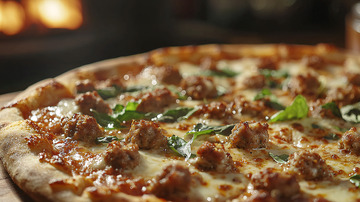 烤箱里香喷喷的意大利香肠披萨