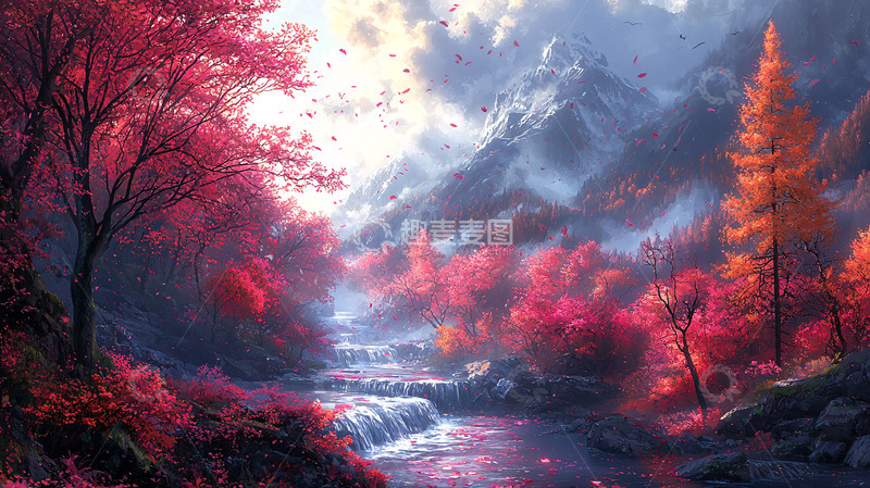 高清大图下载【趣麦麦图】红枫秋景山谷瀑布