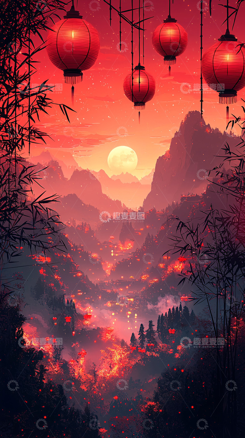 高清大图下载【趣麦麦图】红色灯笼下的山水风景
