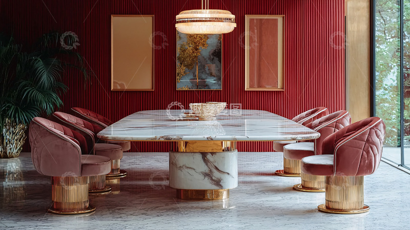 高清大图下载【趣麦麦图】红墙背景的奢华大理石餐桌