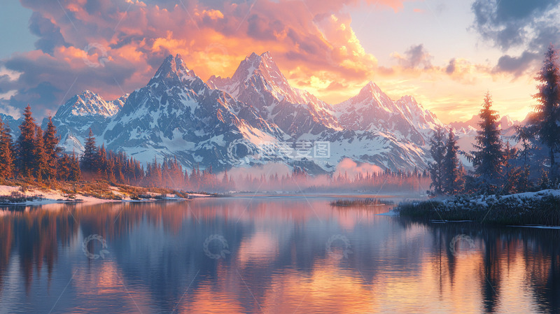 高清大图下载【趣麦麦图】雪山日落湖泊倒影