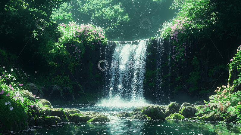 高清大图下载【趣麦麦图】郁郁葱葱的瀑布美景
