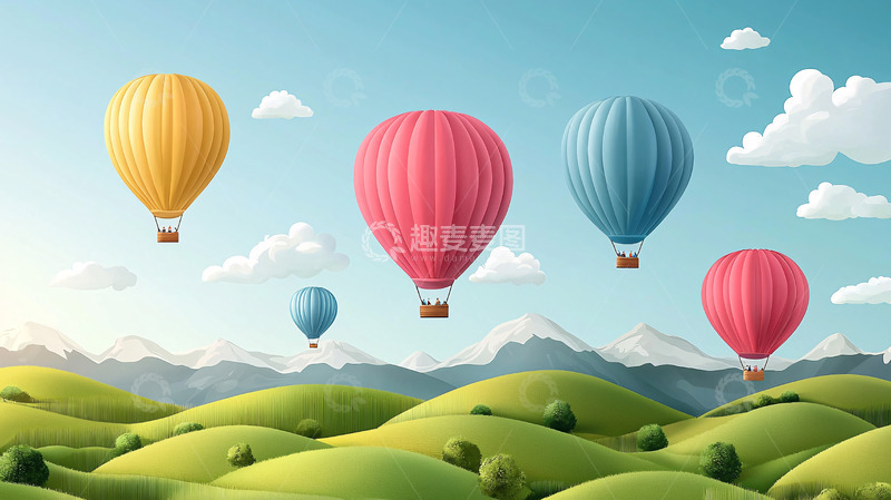 高清大图下载【趣麦麦图】彩色热气球飞过山峦