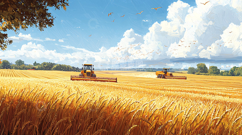 高清大图下载【趣麦麦图】金黄麦田收割机